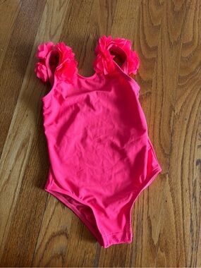 GAP Kids One-Piece Swim - Bright Pink Floral Shoulder Ruffles